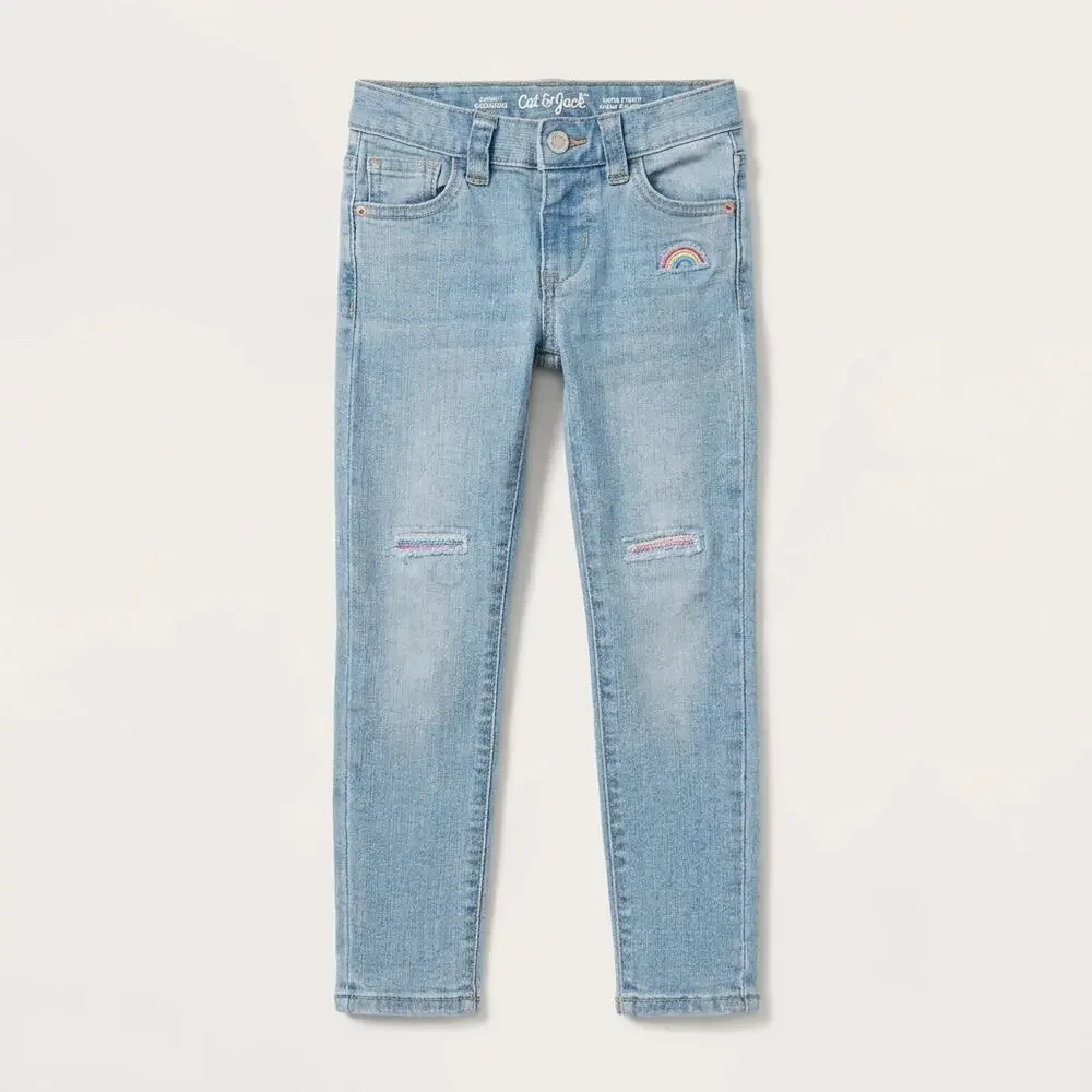 Cat & Jack Stretch Denim Sequin Distressed Skinny Jeans Blue Toddler Girls 5T